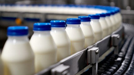 Freshly filled plastic bottles of milk travel steadily along a conveyor belt in a lively dairy plant. The efficient movement showcases the production process and quality control