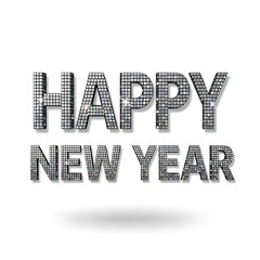 Happy new year text with disco ball effect, isolated on white background