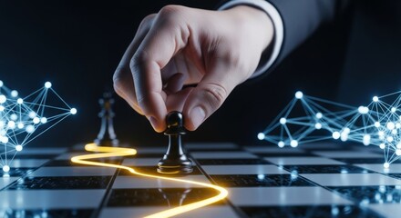 Strategic Chess Move on a Futuristic Network Grid, A Hand Guiding a Pawn Through Glowing Connections