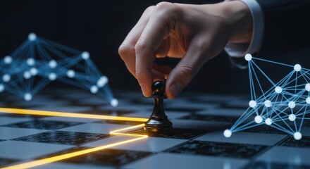 Strategic Chess Move on a Futuristic Network Grid, A Hand Guiding a Pawn Through Glowing Connections