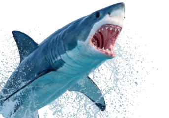 Predatory shark emerges from dark water with jaws agape.