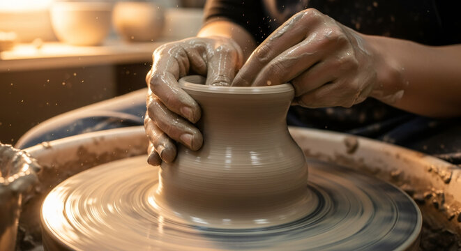 Woman potter creating clay vase on wheel. Artisan hand shaping ceramic pottery. Handicraft workshop and creative hobby.