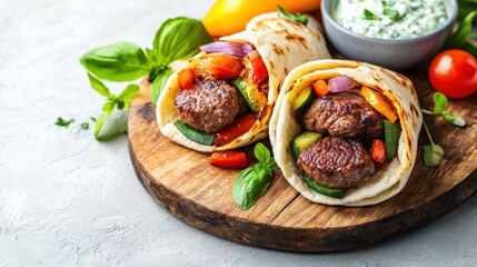 Delicious Greek Gyros with Lamb and Fresh Vegetables on a Wooden Board