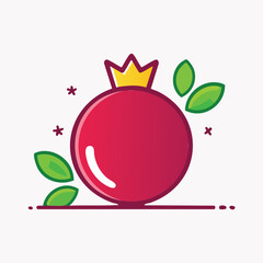 Stylized Red Pomegranate Fruit with Crown and Leaves