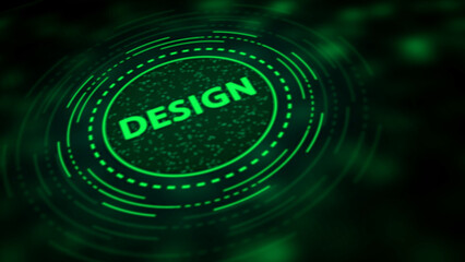 Glowing Green Neon Circle with the Word DESIGN in the Center on a Dark Abstract Background graphic design