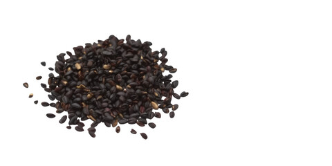 A pile of black rice seeds scattered on a transparent background showing individual grains