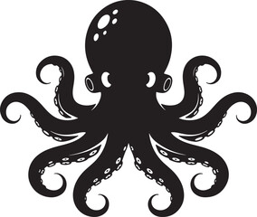 Vector art of a black silhouette of a cute octopus illustration design. Black silhouette of an octopus with white suction cups and eyes tentacles