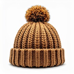 Fototapeta premium Knitted Brown Winter Hat with Pompom on White Background Isolated