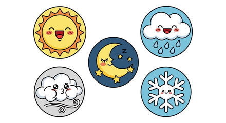 Kawaii weather icons set with cute smiling sun, cloud, moon, and snowflake for apps, kids products, and decor