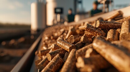 Biomass fuel pellets moving on industrial conveyor in renewable energy factory