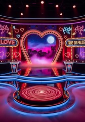 Vibrant stage design with neon lighting and a heart-shaped archway, perfect for a romantic  show.