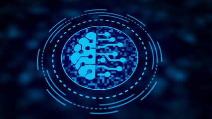 Digital Brain Icon with Circuitry and Futuristic HUD Elements on Dark Blurred Background mind intelligence