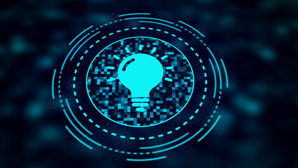 Digital Light Bulb Icon with Glowing Filaments and Futuristic HUD Elements on Dark Blurred Background
