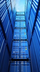 Obraz premium Towering stacks of blue shipping containers reaching towards the sky