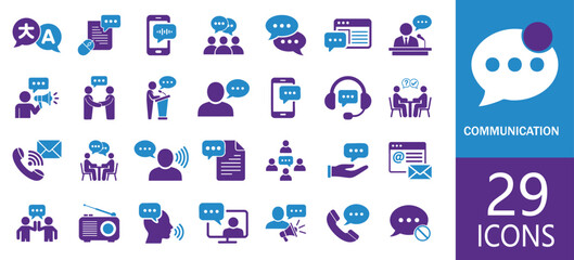 Set of Communication icons. messaging, chat, dialogue, conversation, speech bubble, interaction, connection, network, people, group, team, collaboration, meeting, discussion and more. solid icons