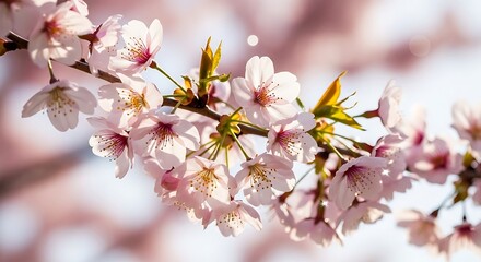 Cherry Blossom Branch with Soft Pink Flowers in Bright Spring Light