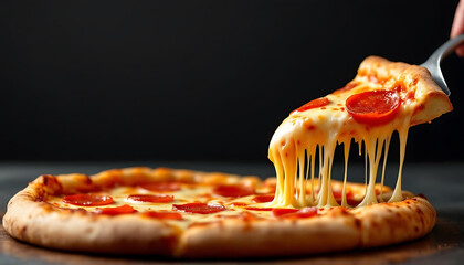 Delicious pepperoni pizza slice with stretching cheese and glistening crust on black background.