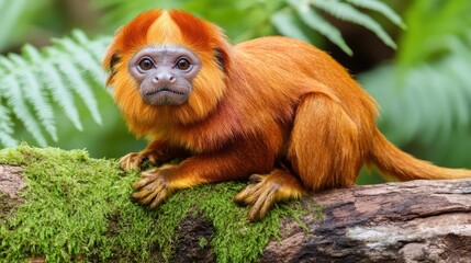 Golden Lion Tamarin sitting on mossy branch looking forward