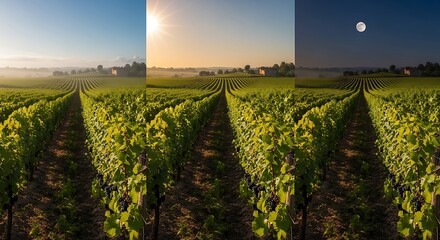 Vineyard rows stretching across a landscape, showcasing the day's transition from sunrise to sunset to night.