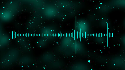 Cyan sound wave visualization with glowing particles in dark space audio waveform