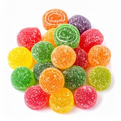 Colorful Sugar Coated Gummy Candies in Round and Rolled Shapes on White Background