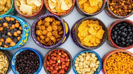Overhead view of colorful snack bowls in a bright studio setting