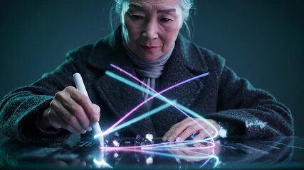 Senior woman draws with stylus on touchscreen tablet. Neon light trail appears above glass surface. Digital gesture forms glowing neon light shapes. Technology interface responds to hand movement. - Powered by Adobe