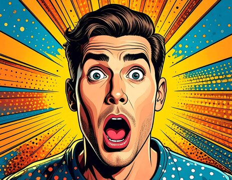 Pop art portrait of an astonished man with wide eyes and open mouth