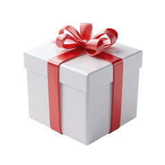 Obraz premium Cute Minimal Futuristic Chibi-Style Wrapped White Gift Box with Red Ribbon Bow, Isolated PNG for E-commerce, Catalog, Hero Banners, Holiday Ads