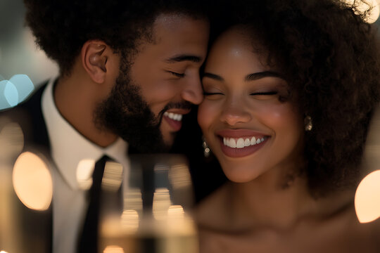 Romance at a fancy dinner. A loving couple share a tender moment, smiles on their faces, eyes closed in delight, at an intimate evening of celebration and connection.
