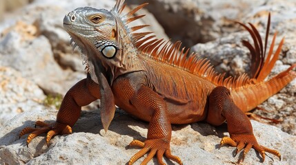 Obraz premium Green Iguana Basking on a Sunlit Rock Showing Textured Scales