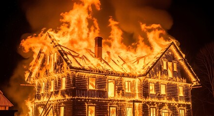 A wooden house engulfed in flames, showcasing a destructive inferno at night.