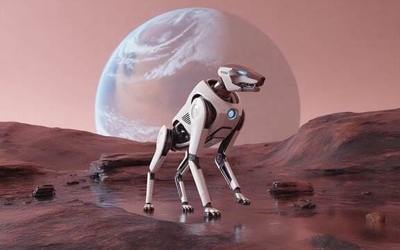 A futuristic robotic dog stands on a marslike landscape with a planet in the background, representing exploration, technology, and the potential for life beyond earth