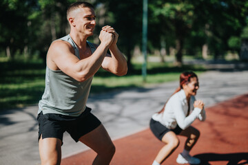 A determined pair participates in a fitness workout under the natural sunlight in a peaceful park...