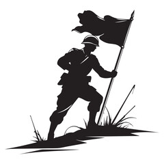 Silhouette of a determined soldier in uniform holding a waving flag aloft on a battlefield with grass and debris
