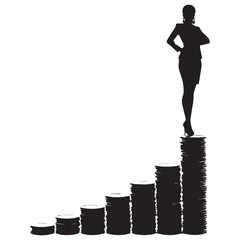 Silhouette of a determined woman standing triumphantly on top of a rising bar graph symbolizing success and achievement
