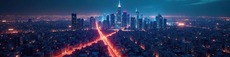 Fototapeta premium Futuristic Nightscape Glowing Digital Network, Abstract City Blueprint of Global Connectivity