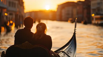Fototapete Gondeln Romance in Venice: A couple embraces on a gondola ride, silhouetted against the stunning sunset. Golden light reflects on the tranquil canal, creating unforgettable memories.  © A2Z AI 