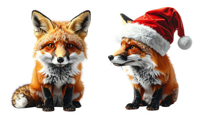 Fototapeta premium - Christmas fox duo with Santa hat in cartoon and realistic style, isolated on transparent background