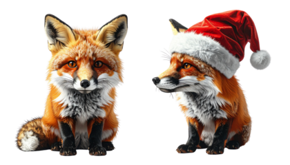  - Christmas fox duo with Santa hat in cartoon and realistic style, isolated on transparent background