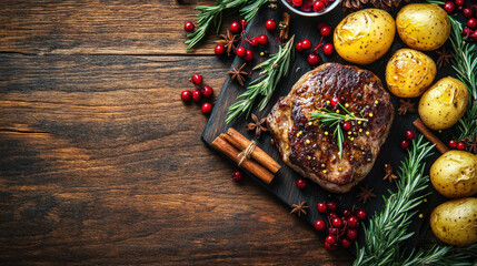 Juicy roast, crispy potatoes, and vibrant cranberries creating a mouthwatering centerpiece on a festive table adorned with Christmas decorations, evoking holiday warmth