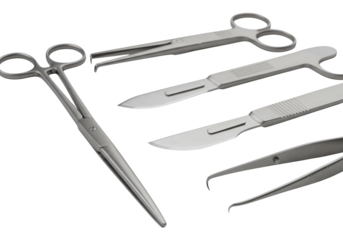 A collection of sterile surgical instruments on a black background.