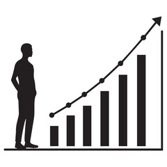 Silhouette of a man observing a rising bar graph with an upward trending line indicating financial growth and success