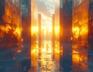 Fototapeta premium Modern building reflecting light at dusk. Abstract Futuristic Business Background