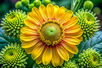 Captivating close-up of a brilliant yellow flower with lush green buds, showcasing the intricate beauty and vibrant colors of blooming nature, perfect for spring and garden themes