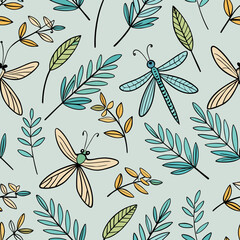 Whimsical seamless pattern featuring stylized dragonflies and delicate botanical branches in soft pastel colors