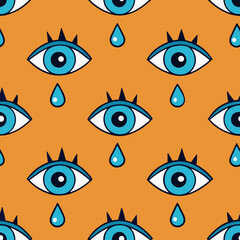 Seamless pattern of stylized blue eyes with black eyelashes and falling tears on an orange background