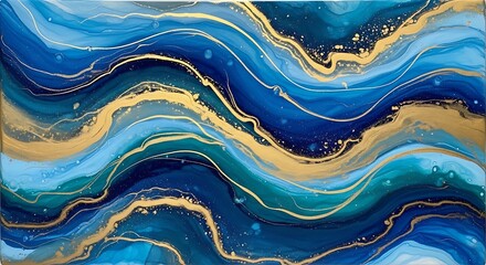 A mesmerizing abstract painting showcases flowing blues and golds, creating a captivating and dynamic visual.