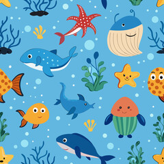 Fototapeta premium Seamless pattern of cute cartoon sea creatures and ocean plants on a blue background