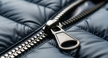 Closeup of metal zipper on puffy dark jacket fabric  